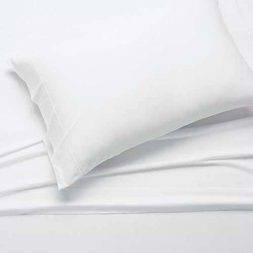 Image of Amazon Basics 3 Piece Bed Sheets Set, 100% Cotton Jersey, Includes Super Soft, Flat and Fitted Sheets, Pillowcase, Toddler, White, Solid