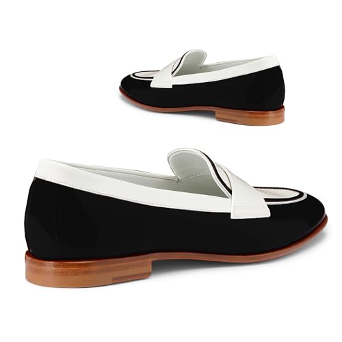 Image of Women Patent Slip On Loafer Flats Two Tone Round Toe Flat Heel Penny Loafers Casual 1 inch Low Heel Loafer Dress Shoes Oxford Comfort Chic Colorblock Office Ladies 4-11 M US
