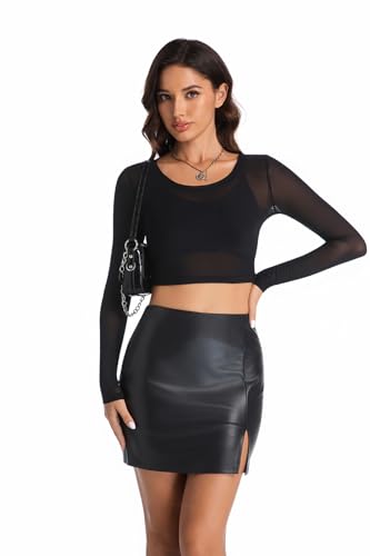 Women's Black Leather Skirts High Waisted High Side Slit Bodycon Mini Skirts3