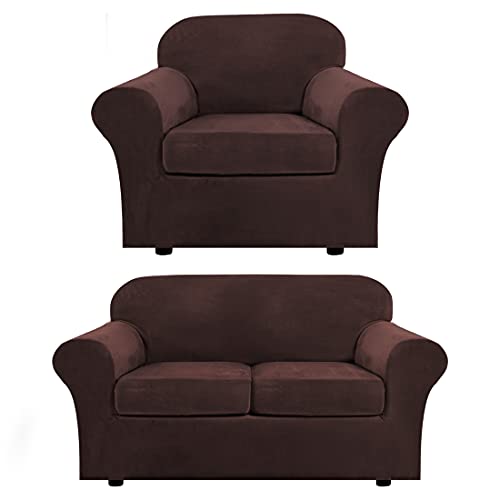 H.VERSAILTEX Velvet Plush Armchair Cover Bundles Loveseat Cover for 2 Cushion Couch, Furniture Protector, Ultra Soft, Removable and Washable, Brown