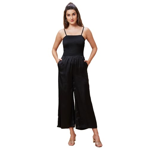 Image of Globus Women Blue Solid Smocked Strappy Party Jumpsuit-3639654001