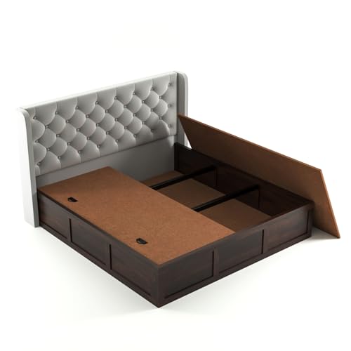 Image of Solid Sheesham Wood King Size Bed with Storage | Wooden Double Bed Cot Bed with Box Storage & Velvet Upholstered Cushioned Headboard for Bedroom (Walnut D, King)