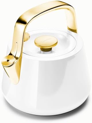 Caraway 2 Quart Whistling Tea Kettle – Durable Stainless Steel Tea Pot – Fast Boiling, Stovetop Agnostic – Non-Toxic, PTFE & PFOA Free – Includes Pot Holder – White