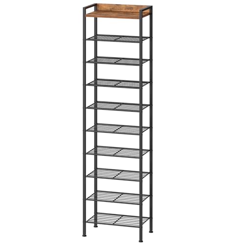 Image of HOOBRO 10 Tier Shoe Rack Organizer with Wooden Top, Narrow Shoe Storage Shelf for 10-18 Pairs, Tall Metal Shoe Rack for Closet Entryway, Hallway, Bedroom, Space Saving, Rustic Brown BF11XJ01