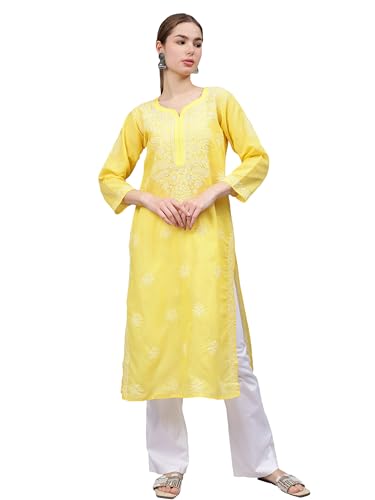 Image of Seva Chikan Hand Embroidered Lucknowi Chikankari Appricoat Peach Terivoil Cotton Kurta for Women SCL4603