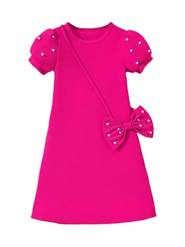 WDIRARA Girl's Pearls Puff Sleeve Dress Cute Birthday Party Dresses with Bowknot Bag