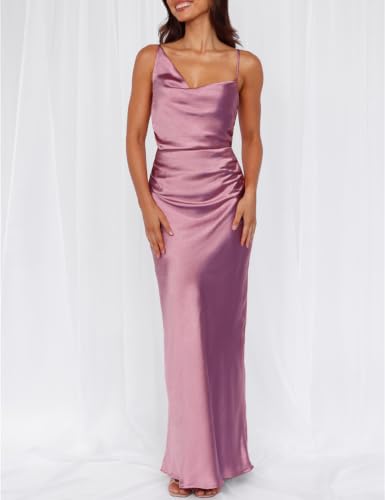 Image of Formal Satin Silk Spaghetti Strap Maxi Dresses for Women Wedding Guest