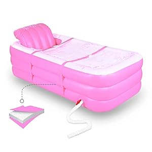 Aufblasbare tragbare Badewanne, aufblasbare Badewanne für das Spa für Erwachsene und heißes Bad und Eisbad, faltbare freistehende Badewanne mit zusammenbaubarem Sitzkissen (Rosa)
