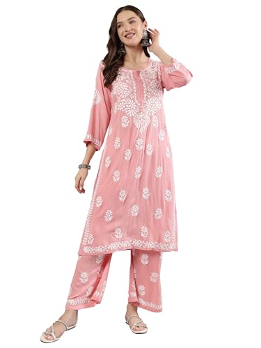 Image of Seva Chikan Hand Embroidered Lucknowi Chikankari Rayon Kurta and Palazzo Set SCL8037