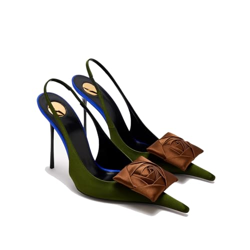THESHY Women's Slingback High Heels Floral Appliqués Pointed Toe Slip On Satin Stiletto Pumps Fashion Party Dress Shoes for Women