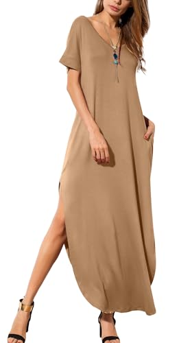 Image of GRECERELLE Women's Summer Maxi Dress Casual Loose V Neck Short Sleeve Side Split Long Dresses with Functional Pockets