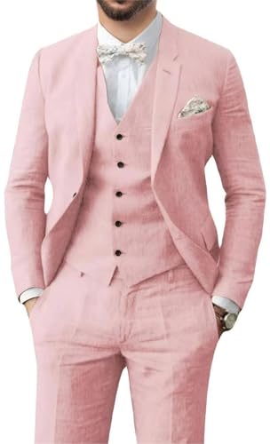 Men's 3 Pieces Linen Suit Casual Slim Fit Suits Retro Wedding Prom Tuxedos Summer Beach Party Blazer Vest Pants Set4