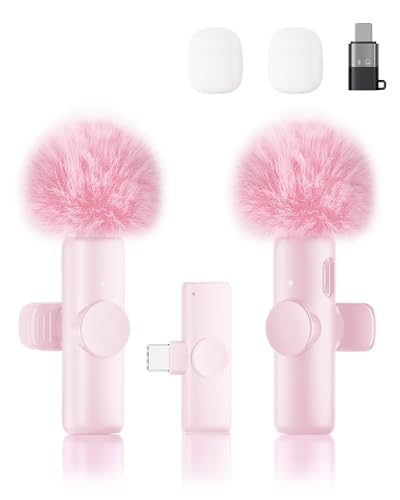 SUDEHO Wireless Lavalier Microphone for Android, Pink, 2 Pack with Fluffy Windscreen, USB-C Clip-on Mic