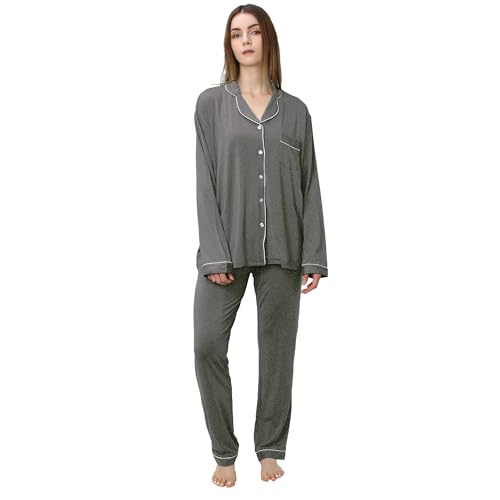 OCCIENTEC Pijama Mujer con Botones Conjunto de Pijama Modal Supersuave Manga Larga Ropa de Dormir Gris,S
