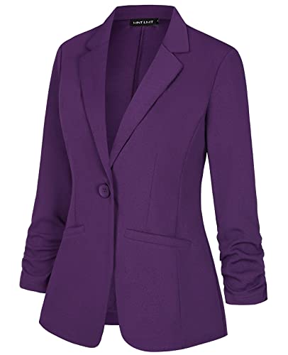 MINTLIMIT Women's Casual Blazer 3/4 Ruched Sleeve Open Front Button Work Office Blazer Jackets with Pockets2
