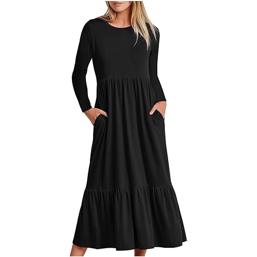 Vestidos de verano para mujer, cuello redondo, plisado, color sólido, manga larga, vestido casual de verano para mujer, talla grande, Negro, S