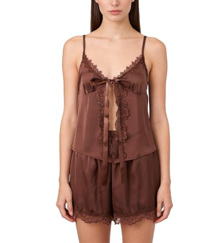 Image of ROAONOCOMO Women Lace Trim Pj Shorts Set Square Neck Coquette Tank Top Silk Satin Pajama Set Babydoll 2 Piece Shorts Outfit