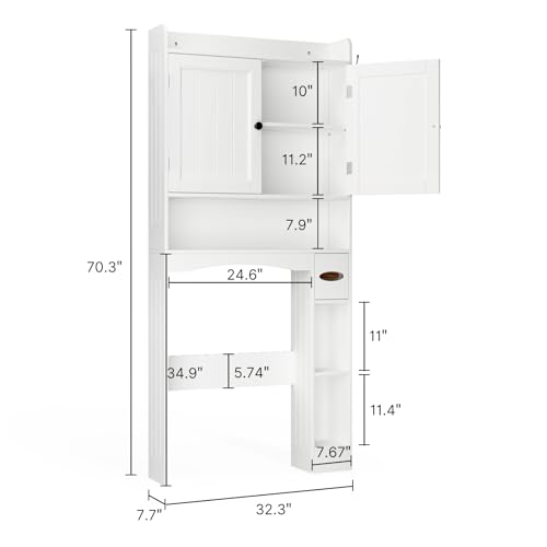 Image of Ahomly Over The Toilet Storage Cabinet, 32.3 inch W x 70.3 inch H, White | Over Toilet Bathroom Organizer with Doors, Adjustable Shelves, Toilet Paper Holder, 2 Side Hooks, for Bathroom, Laundry