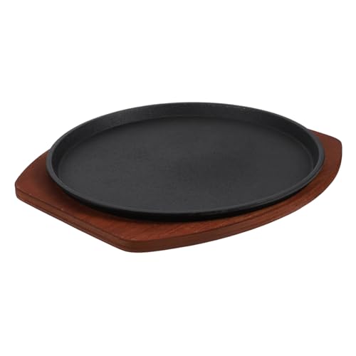 DOITOOL Plato de Hierro Fundido para Asar Carne Redondo con Base de Madera Sartén Antiadherente para Bistec Barbacoa y Cocina Doméstica Distribución Uniforme del Calor Fácil