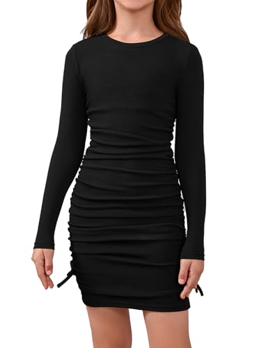 OYOANGLE Girl's Ruched Knitted Long Sleeve Round Neck Dress Drawstring Side Short Dresses
