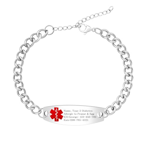 Uloveido Bracelet Alerte Allergie Classique – Chaîne Curb Acier Inox Gravée – Infos Médicales d’Urgence pour Hommes et Femmes YA5948