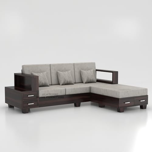 Image of Sheesham Wooden 4 Seater L- Shape Sofa for Living Room | Solid Wood Sofa with Side Box Storage & Cushion | Rosewood Sofa Set for Home & Office | Lounge (Walnut, 4 Seater)