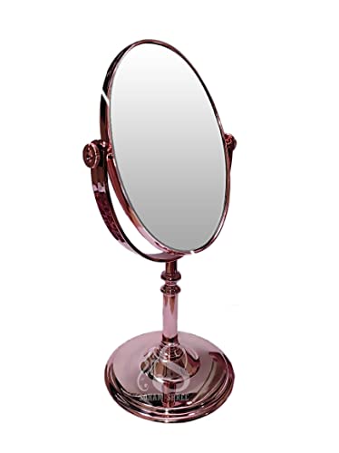 Image of Tabletop Double Side Shaving Makeup Vanity Mirror 360 Degree 5X Magnification Beauty Make Up Cosmetic Stand For Shaving & Makeup Vanity Bedroom Bathroom Desk (Oval)(Rosegold) - Glass
