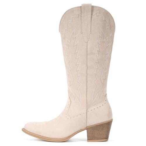 Image of IUV Suede Cowboy Boots For Women Chunky Heel Pointed Toe Cowgirl Boots