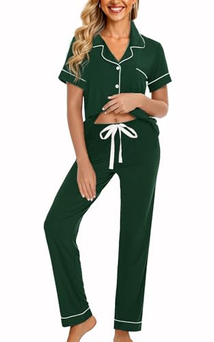 Image of WJing Yi Jia Womens Soft Pajamas Set XS-XXL Button Down Sleepwear Short Sleeves Pajama sets with Long Pants Pj Set Nightwear