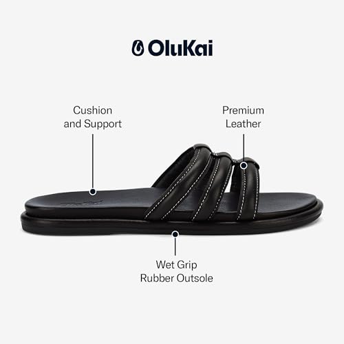 OLUKAI Tiare Women's Slide Sandals, Premium Leather & Stylish Design, All-Day Comfort & Support, Black/Black, 104