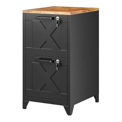 BYNSOE File Cabinet with Lock Vertical Filing Storage Cabinet Office Home Steel for Letter Size File Cabinet Locked,Assembly Required (Black, 2 Drawers-Metal Leg/Wood Top)