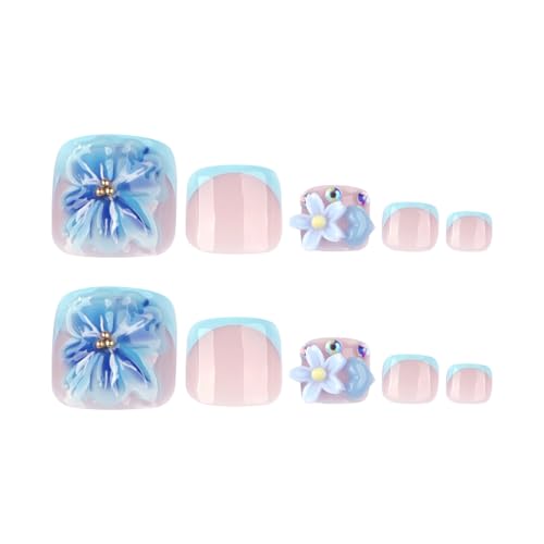 Image of Blue 3D Flower Press on Toenails Short Square Fake Toe Nails with Floral Design Glossy Full Cover Light Blue French Tip Stick on Toenails for Women Spring Manicure 24Pcs