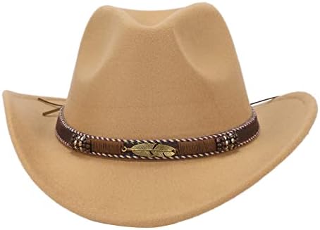 Western Cowboy Cowgirl Hat Felt Wide Brim Outdoor Classic Womens Mens Fedora Hats with Belt Buckle Camel