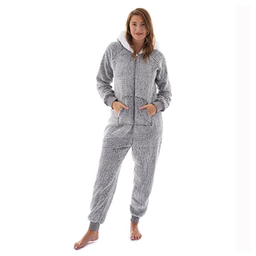 The Big Softy - Adult Onesie Pajamas for Women, Teddy Fleece Womens Onesie Pajamas, Fuzzy Pajama Onesies for Women, Teens PJs (Medium, Grey)