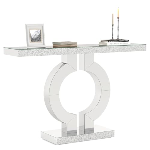 LITTLE TREE 43-Inch Mirrored Console Table with O-Shaped Base, Glass
