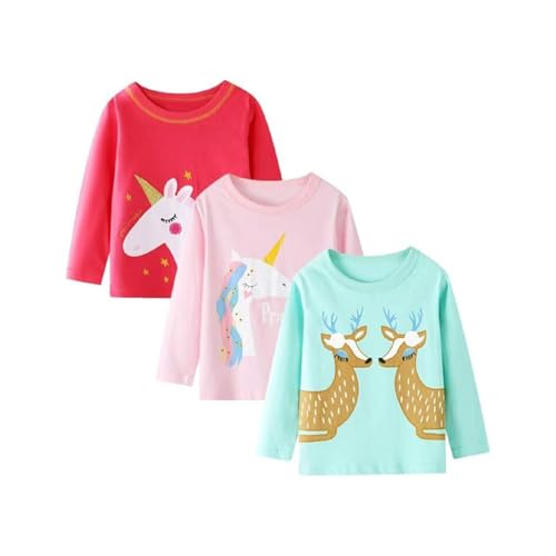 Image of Girl Long Sleeve Shirts Christams Tops Tees Cotton Casual Stripe Crewneck Graphic Jersey Tunic T-Shirts 3 Packs Sets