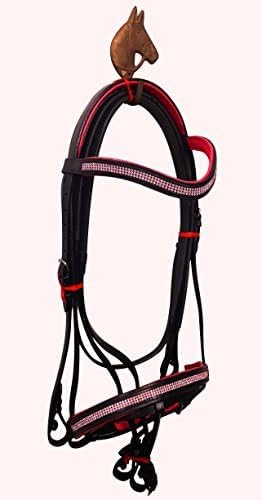 English Bridle Headstall Reins Leather Cowhide Genuine Horse Crossover Crossunder Raised Fancy Stitched Laced All Purpose Jumping Dressage Rubber Crystal Padded Adjustable Browband Full-Cob,M23