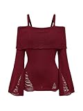 SOLY HUX Women's Cold Shoulder Ripped Sweater Goth Punk Long Sleeve Fitted Jumper Pullovers Solid Burgundy Medium