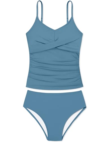 Image of Girls Swimsuit 2 Piece Bathing Suit Criss Cross Ruched Girl Tankini Sets Printed Girls' Swimwear for 9-18 Years