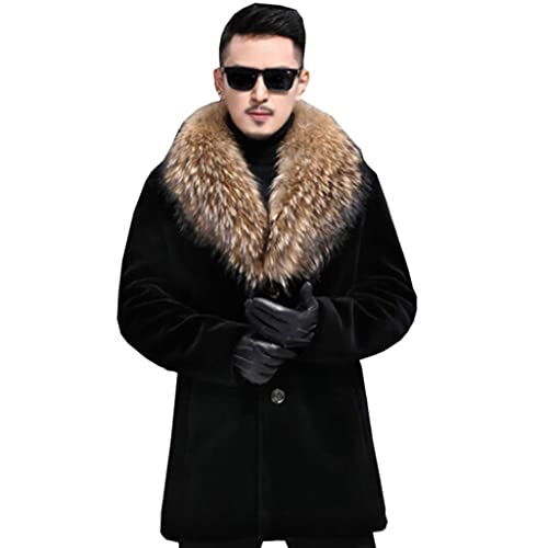 Image of Long Faux Fur Coat Outwear Black Winter Parka Overcoat for Men
