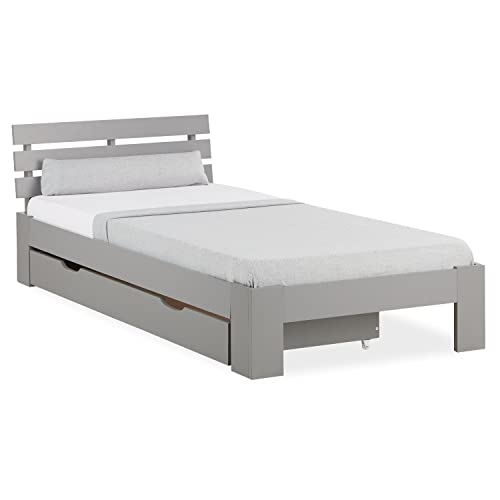 Homestyle4u 2293, Holzbett 90x200 mit Schublade Grau Einzelbett mit...