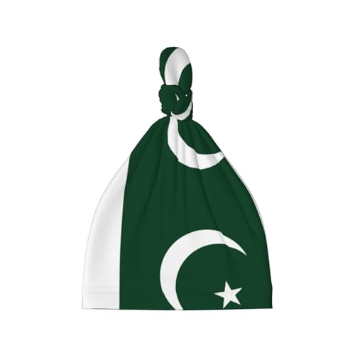 Flag of Pakistan Print Newborn Baby Hat, Soft Top Knotted Beanie Cap, Cute Infant Headwear for 0-6 Months Welcome Party Black