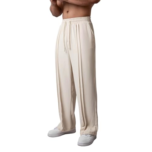 Men's Lightweight Casual Baggy Pants Loose Fit Elastic Drawstring Waist Comfy Soft Pleated Wide Leg Pant with Pockets3