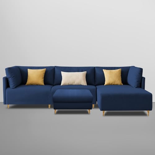 Image of Carina RHS 4 Seater L Shape Sofa Set with Center Table for Living Room (Blue Fabric) Premium Fabric Sofa