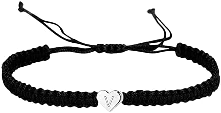 Knit Silver Bracelet Personalized 26 Initial Bracelet Copper Heart Letter Woven Bracelet Dainty Heart Charm Bracelet Woven Bracelet for Men Women Girl