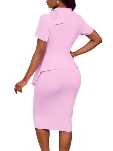 Image of WanMem Women Formal Bodycon Peplum Cocktail Dress Short Sleeve Bow Ruffle Pencil Party Midi Dresses