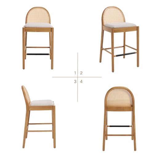 Set de 4 Bancos de Barra CIMOTA Rattan, 29 Pulgadas de Altura, Asiento de Lino Beige con Estructura de Madera Retro miniatura 7