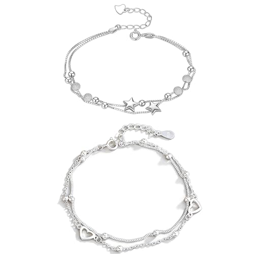 2PCS Silver Bracelets for Women, Adjustable Bangle Bracelets with Star & Heart Charms, Silver Rope Bracelet Set, Wedding Jewelry for Brides, Mother’s Day Gifts,big+spring+sales, prime+deals+today+clearance