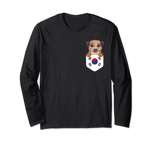South Korea Flag Border Terrier Dog In Pocket Long Sleeve T-Shirt, Black