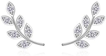 QUKE 925 Sterling Silver Cubic Zirconia Crystal Leaf Shape Pierced Stud Earrings For Women Girls